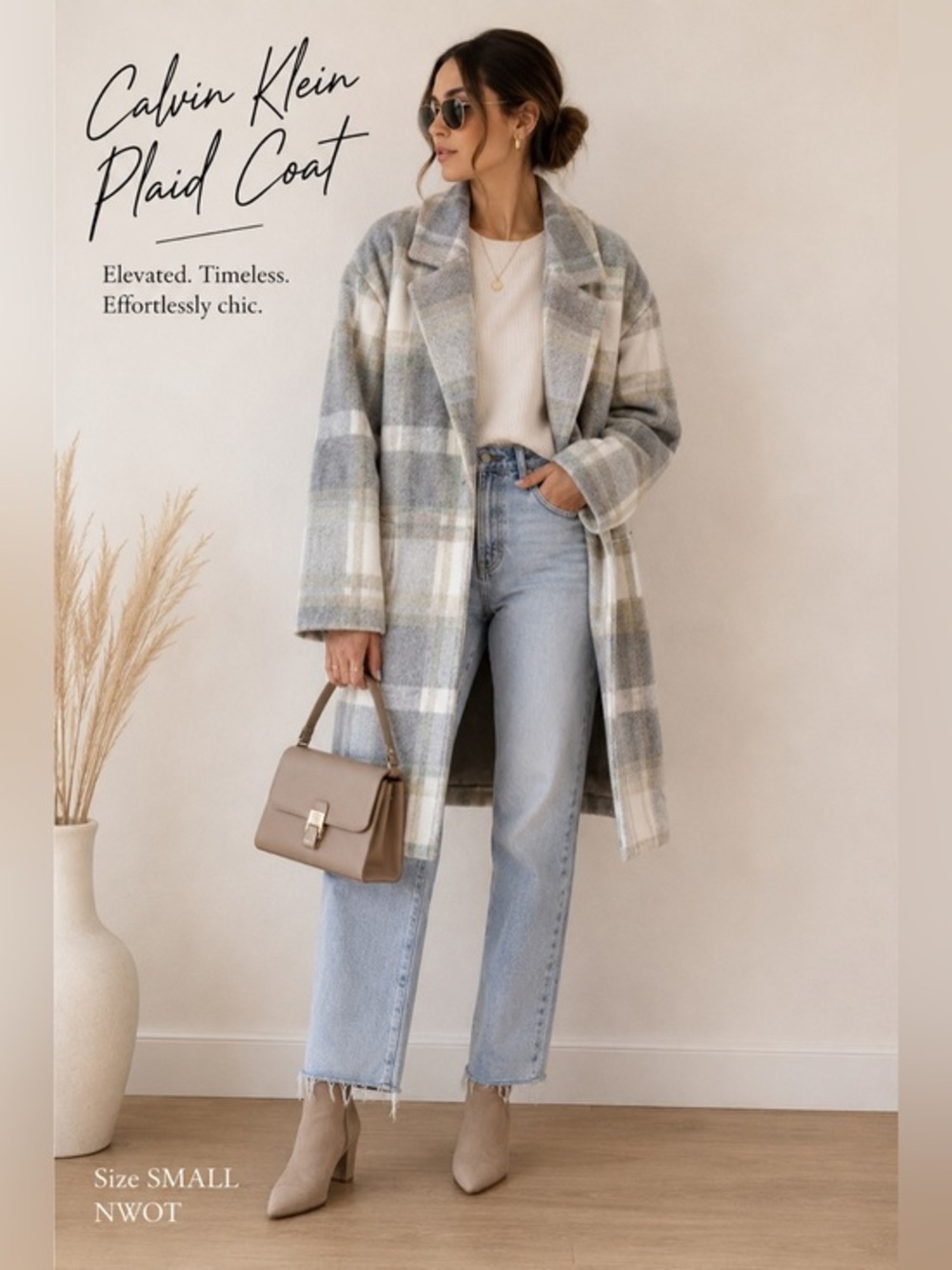 Calvin Klein Women’s Pocketed Plaid Coat SMALL NWOT